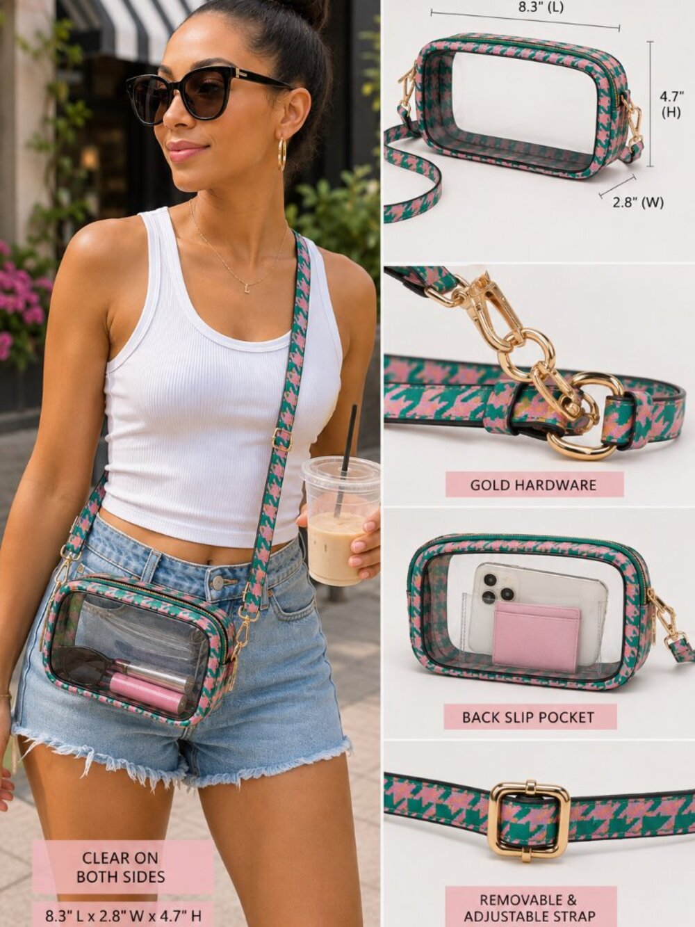 Double Zipper Clear Game Day Stadium Crossbody Bag – Pink & Green